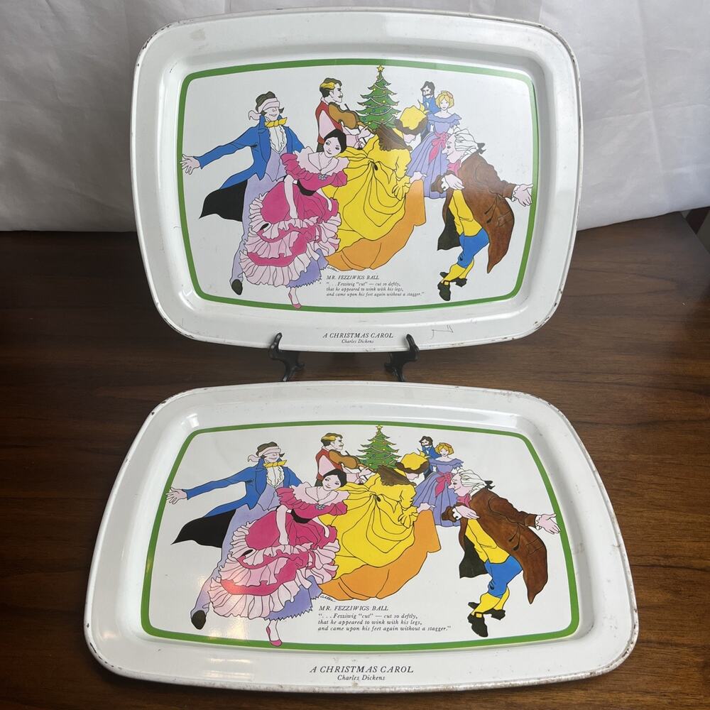 (2) Vintage A Christmas Carol Charles Dickens White Tin Trays, Holiday Decor Fun